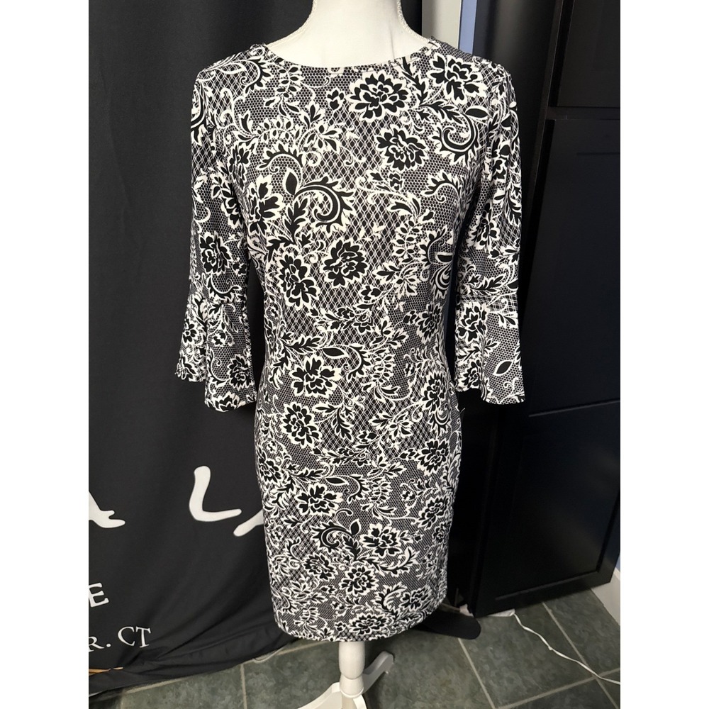 Stella & Julie Womens Black White Floral Damask Bell Sleeve Sheath Dress Size 6